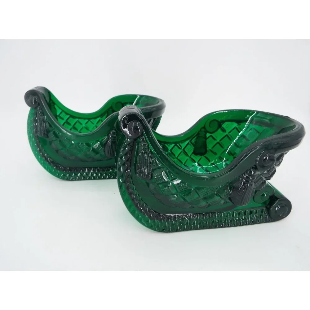 Vintage Green Hard Plastic Christmas Sleigh Candy Dish Pair of 2